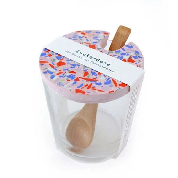 Objet Vague Objet Vague Zuckerdose, Glasdose Terrazzo inkl. Holzlöffel, Rosa, – Produktbild 2 von 3