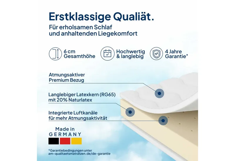 AM Qualitätsmatratzen, Topper Latex RG65, Premium Matratzenauflage Latex-Topper, Besonders Langlebig, 6 cm hoch, Latex, 80x200 cm, Weiß, – Produktbild 3 von 5