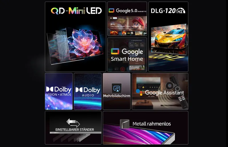 CHiQ M55QN9G Mini-LED-Fernseher (139 cm/55 Zoll, 4K Ultra HD, Google TV, DLG 120Hz, 95% DCI-P3-Farbgenauigkeit, Dolby Vision, Google Assistant) – Produktbild 4 von 5