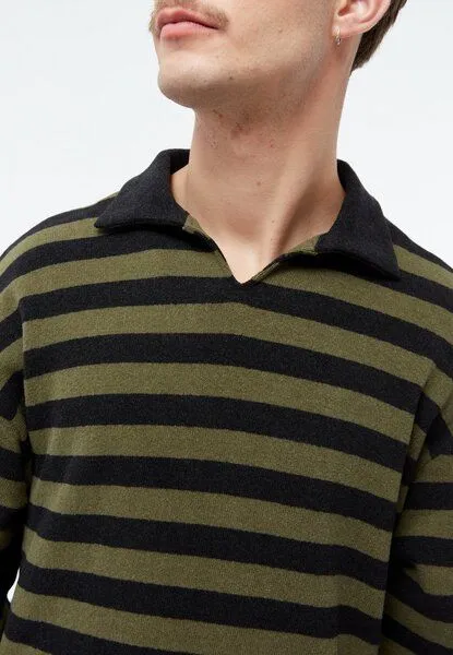 Givn Berlin Givn Berlin Gestreifter Sweater GBBELA aus recycelter Baumwolle mit Kragen, Dark grey / khaki, – Produktbild 4 von 4