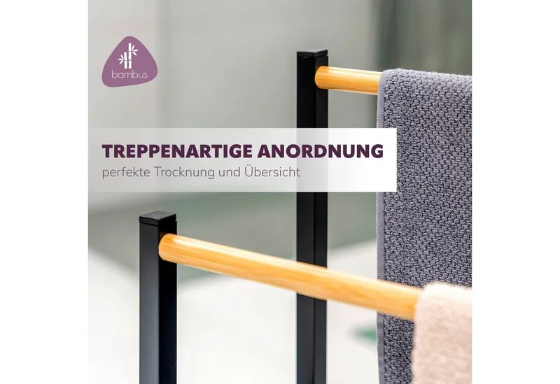 eluno Handtuchständer Badetuchhalter freistehend, mit 2 Bambus-Stangen, 4 Haken, Schwarz, – Produktbild 5 von 5
