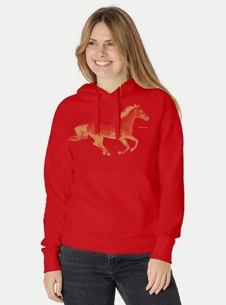 Peaces.bio - handbedruckte Biomode Peaces.bio - handbedruckte Biomode Bio-Damen-Kapuzensweater Horsepower, Rot, – Produktbild 2 von 2