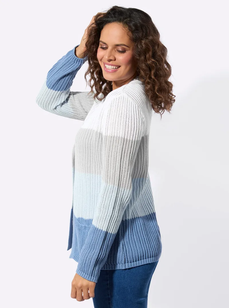 Witt Ajourstrickjacke, Mittelblau-ecru-geringelt, – Produktbild 1 von 2