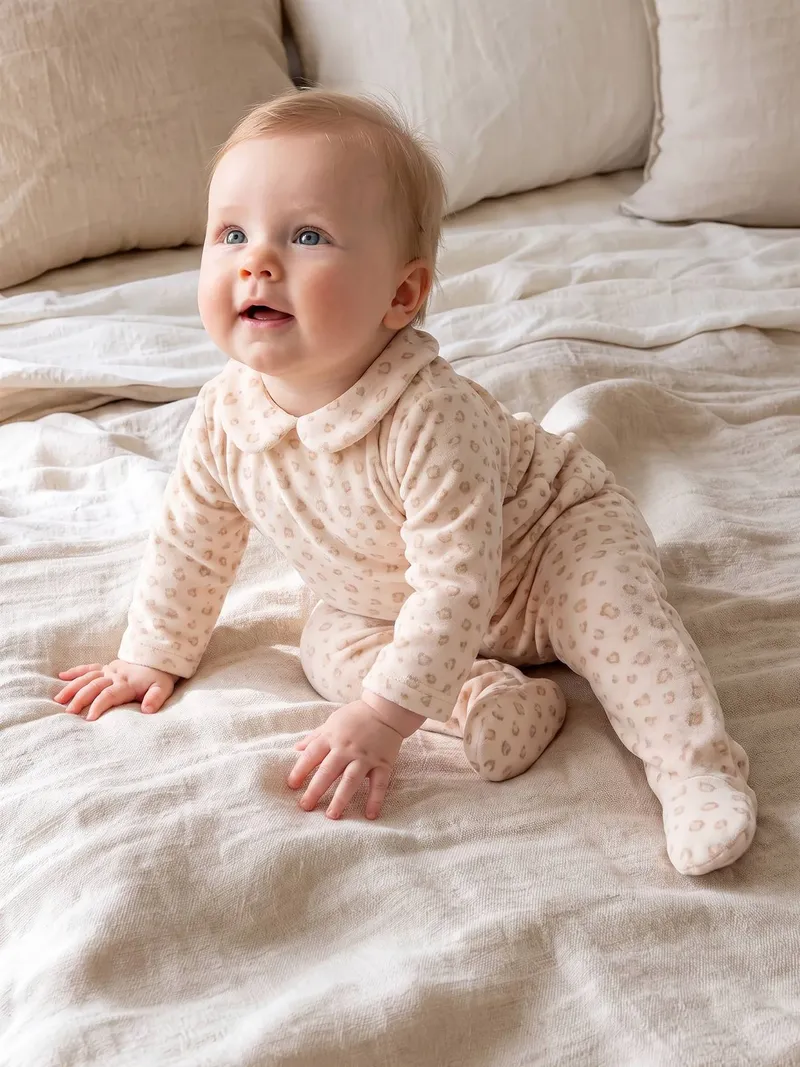 Vertbaudet 2er-Pack Baby Samt-Schlafanzüge, Pack beige meliert leo, – Produktbild 3 von 4