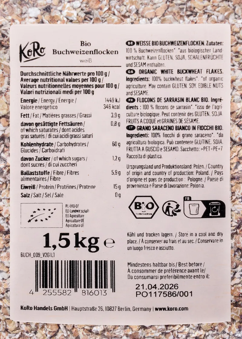 KoRo Bio Buchweizenflocken 1,5 kg – Produktbild 5 von 5