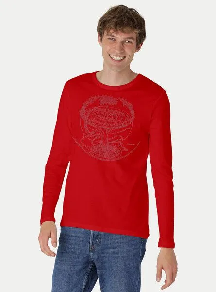Peaces.bio - handbedruckte Biomode Peaces.bio - handbedruckte Biomode Bio-Herren-Langarmshirt "Weltenesche", Rot, – Produktbild 2 von 3