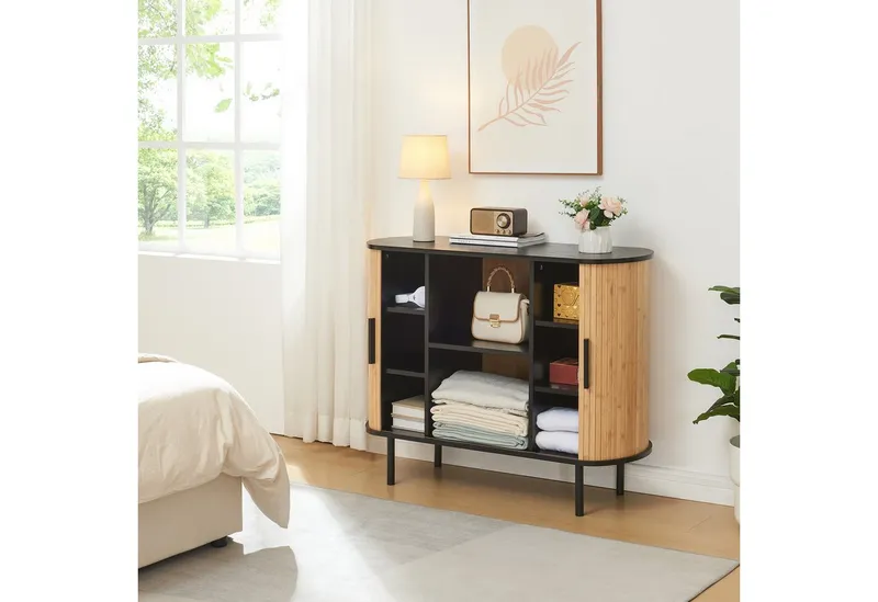 en.casa Kommode, »Tvedestrand« mit 2 Schiebetüren 100x40x80 cm Schwarz/Natur, Schwarz, – Produktbild 3 von 5