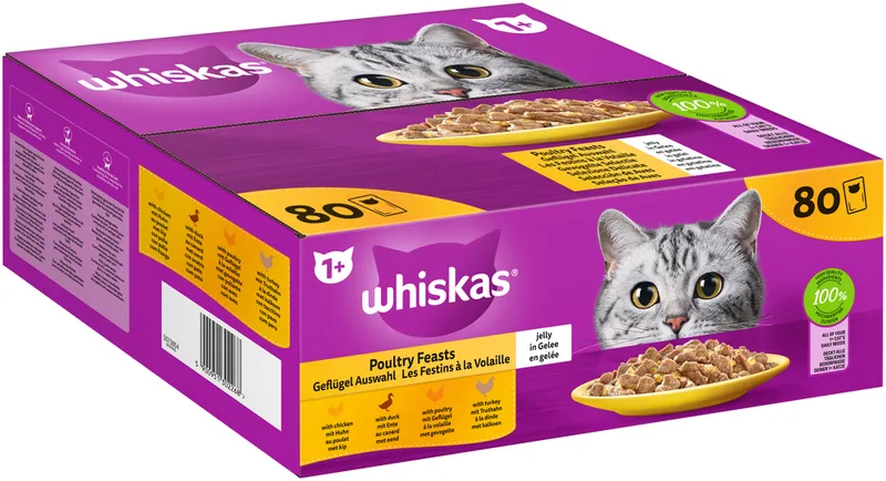 Whiskas Whiskas Portionsbeutel Multipack Jumbo Pack 1+ Geflügel Auswahl in Gelee 80 x 85g – Produktbild 1 von 1