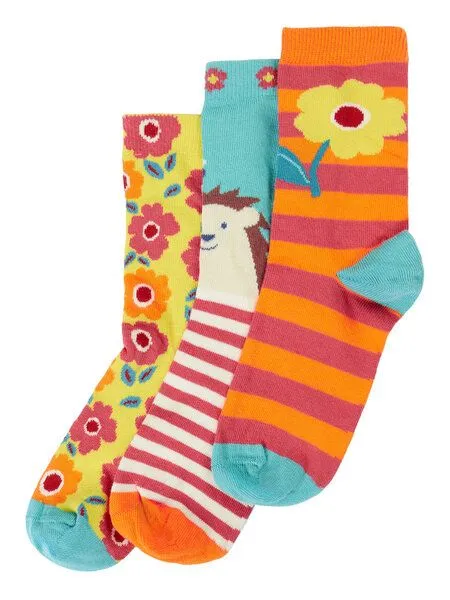 Frugi Frugi Kindersocken in Dreierpack mit Igel und Blumen – Produktbild 1 von 3