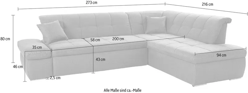 DOMO collection Ecksofa NMORIC inkl. Zierkissen 273x216x80 cm L-Form, Ottomanen-Abschluss, wahlweise mit Bettfunktion und Armlehnverstellung, Orange, – Produktbild 4 von 6