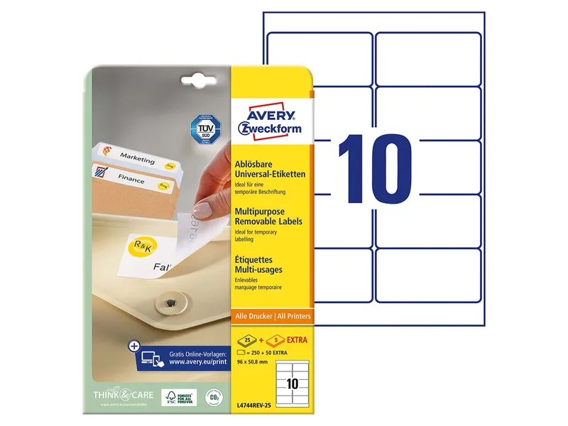 Avery Zweckform 250 Stick+Lift Etiketten 96 x 50,8 mm, A4 – Produktbild 1 von 2