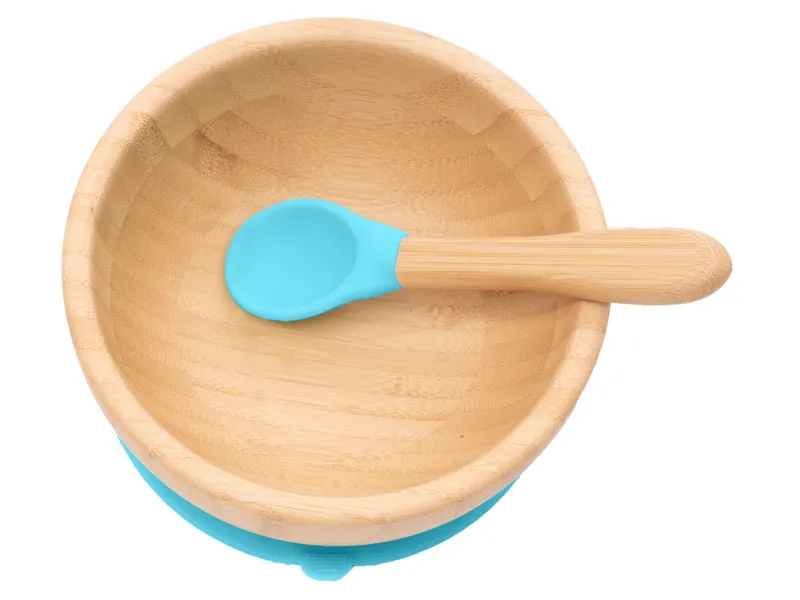 Bambuskind Bambuskind Kindergeschirr Schüssel mit Löffel und Saugnapf, aus Bambus Durchmesser 14 cm, 4,5 cm tief, Natur, blau, – Produktbild 2 von 2