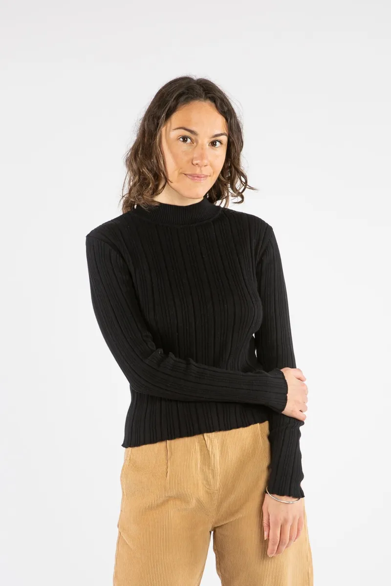 MATONA MATONA Damen vegan Langarmshirt Mit Geripptem Kragen Onyx Schwarz, Schwarz, – Produktbild 2 von 2