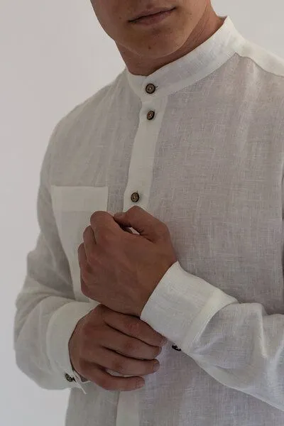 gust. gust. Herren Leinenhemd mit Stehkragen - Linen shirt with stand collar - 100% Bio-Leinen, White (weiß), – Produktbild 2 von 3