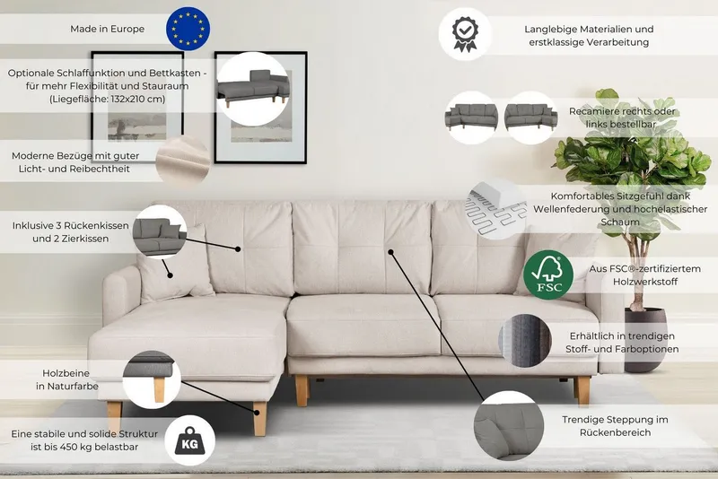 OTTO home Ecksofa TRIPLO optionale Schlafsofa mit Bettkasten, Maße B/T/H: 234/164/89 cm, L-Form wahlweise mit Bettfunktion - Liegefläche 132x210 cm, Braun, – Produktbild 4 von 5