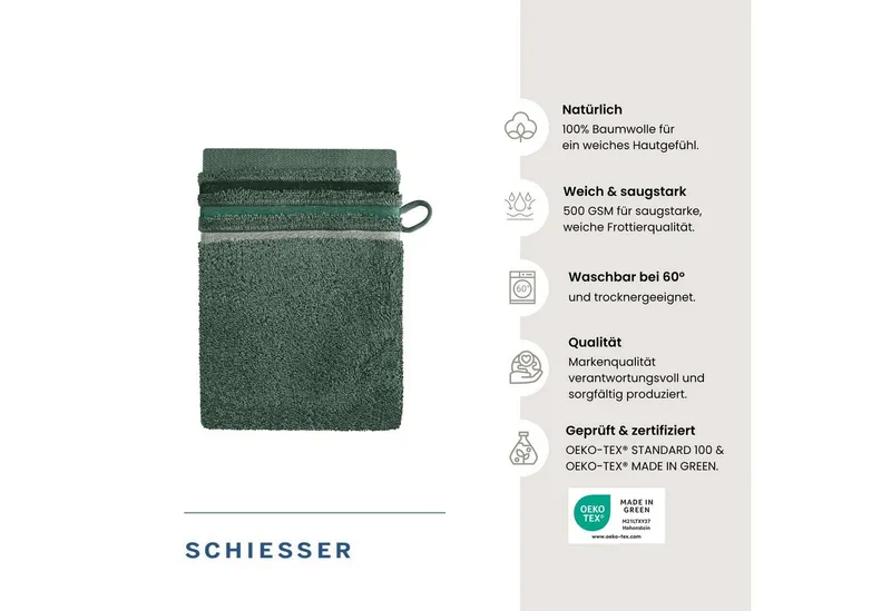 Schiesser Schiesser Waschhandschuh Skyline Color aus 100 % Baumwolle mit eleganter Streifenbordüre, (5-St), OEKO-TEX® MADE IN GREEN, Grün, – Produktbild 3 von 6