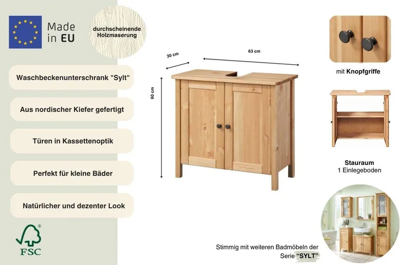 welltime Waschbeckenunterschrank Landhaus Sylt, Badschrank, Badmöbel, FSC®-zertifiziert Badmöbel im Landhaus-Stil, Breite 64 cm, aus Massivholz, Beige, – Produktbild 3 von 5