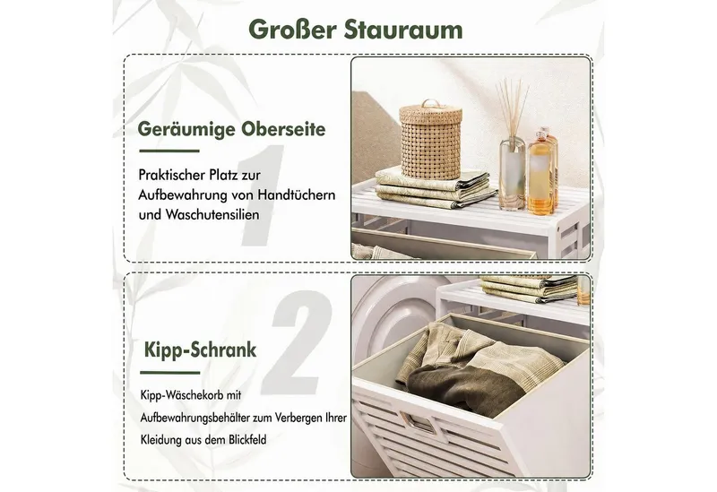 COSTWAY COSTWAY Wäscheschrank Wäschekorb 68 L mit kippbarem Fach & abnehmbarem Wäschesammler aus Bambus, 50 x 35 x 64 cm, Weiß, – Produktbild 4 von 5