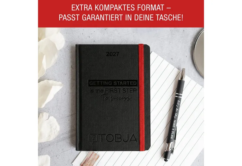 TOBJA Taschenkalender Taschenkalender 2027 A6 Schwarz Hardcover 1 Woche 2 Seiten FSC, Blindprägung, 2 Lesebändchen, Gummiband, FSC, A6, Schwarz, – Produktbild 4 von 5