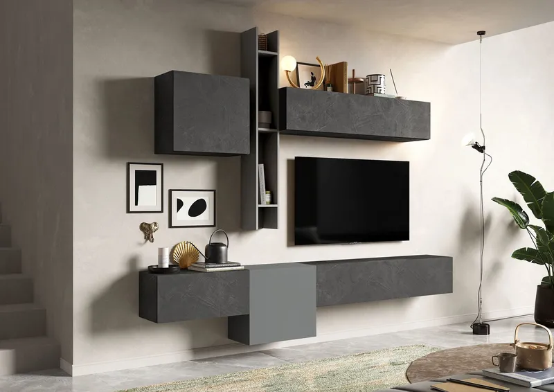 Home affaire Wohnwand Infinity, 6tlg. Breite 262 cm, Höhe variabel, Schrankwand, Anbauwand, (6-St), (Lowboard hängend, 2x Hängeschrank, 2x Hängewürfel, Wandregal), Grau, – Produktbild 2 von 4