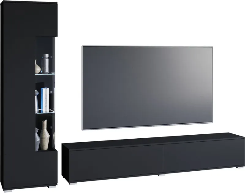 OTTO home Wohnwand Kenia, Vitrine Türanschlag links/rechts wechselbar, (Komplett-Set, 2-St), Vitrine mit Eckverglasung, hängend und stehend montierbar, Schwarz, – Produktbild 3 von 5
