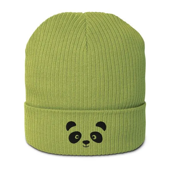 PepMelon Gesticktes Panda-Gesicht, gerippte Mütze aus Bio-Baumwolle, Grün, – Produktbild 1 von 4