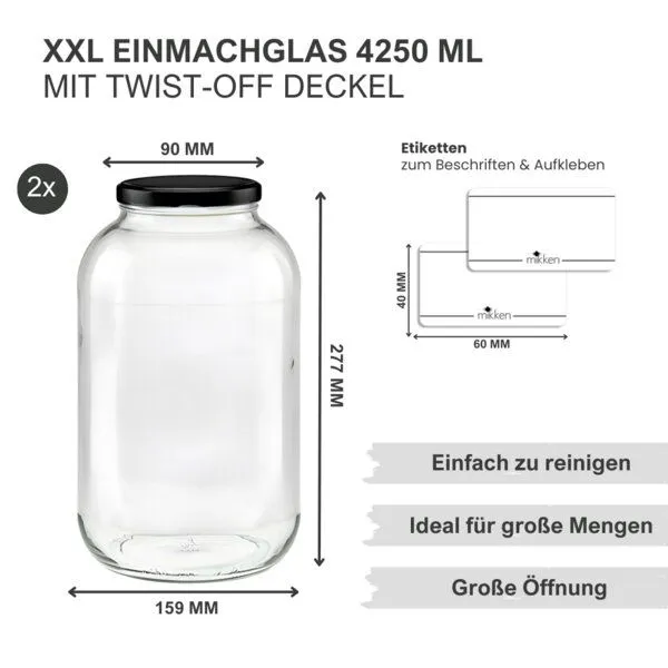 mikken mikken 2 große Einmachgläser 4250 ml mit Deckel (TO100), Schwarz, – Produktbild 2 von 2