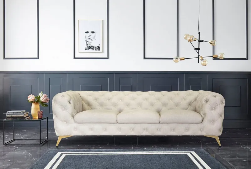 Home affaire Chesterfield-Sofa Glynis, aufwändige Knopfheftung, moderne Chesterfield Optik, Fußfarbe wählbar, Beige, – Produktbild 3 von 8