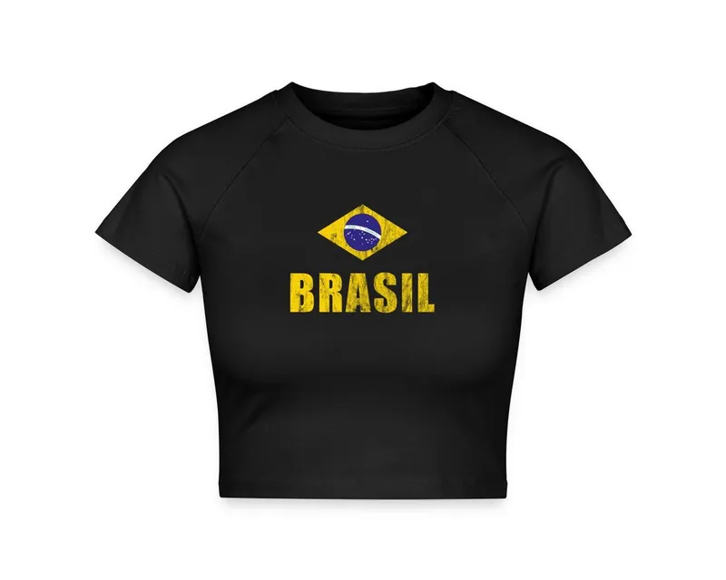 Spreadshirt T-Shirt Brasilien Fußball Retro Crop Top (1-tlg) Slim Fit, Crop Top, Schwarz, – Produktbild 1 von 4
