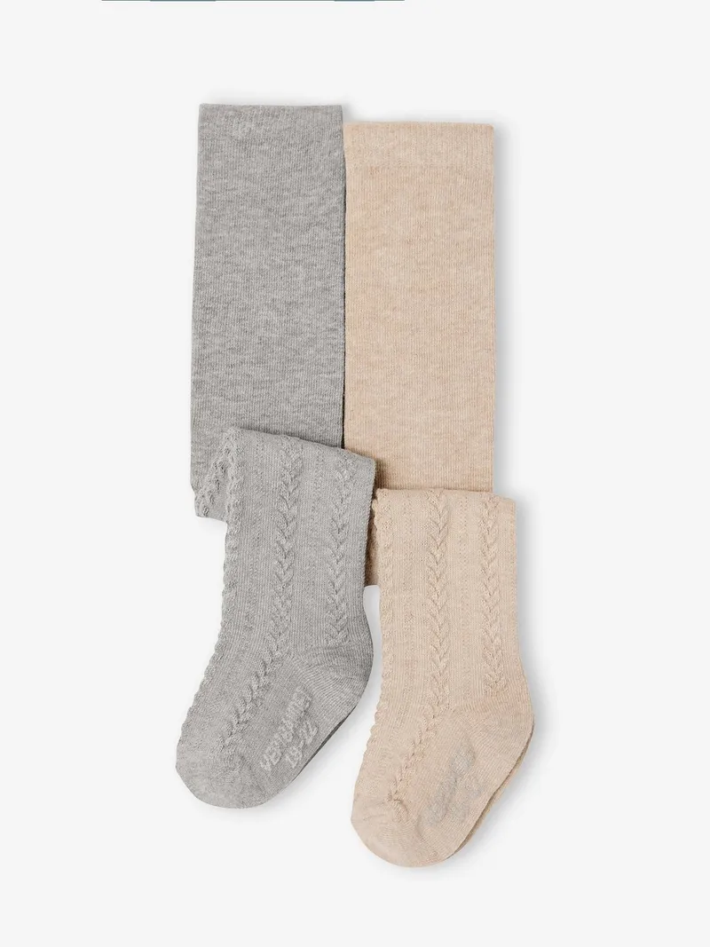 Vertbaudet 2er-Pack Mädchen Baby Strumpfhosen Ajourstrick, Beige+grau meliert, – Produktbild 1 von 2