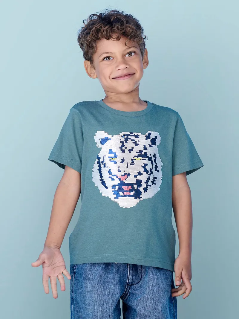 Vertbaudet Jungen T-Shirt mit Wende-Pailletten, Aqua, – Produktbild 3 von 4