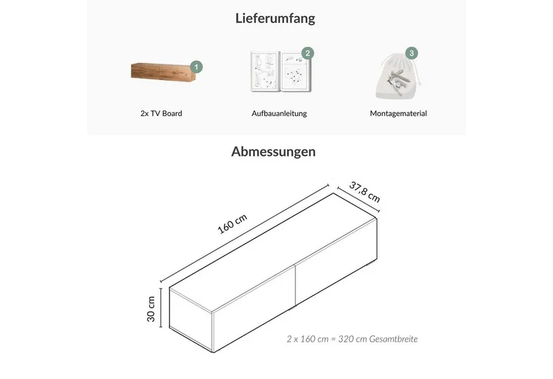 Planetmöbel TV-Schrank West TV-Board, Fernsehtisch 320 cm lang, TV-Lowboard (für Fernseher bis 75 Zoll, TV Schrank viel Stauraum, 2-St., sideboard hängend, Fernsehschrank 2x 160 x 30 x 37,5 cm) gold eiche, Braun, – Produktbild 4 von 4