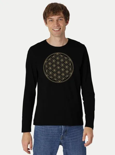 Peaces.bio - handbedruckte Biomode Peaces.bio - handbedruckte Biomode Bio-Herren-Langarmshirt "Die Blume des Lebens", Schwarz, – Produktbild 2 von 2