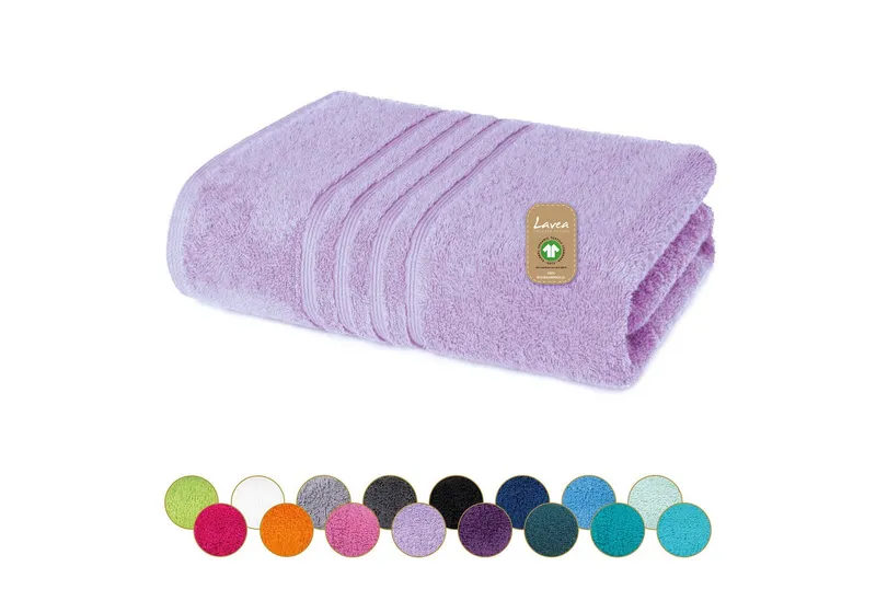 Lavea Badetuch Bali Duschtuch 100x150 cm Duschtuch 70x140 cm, Weiches Bio-Baumwollfrottee (1-St), Handtuch, GOTS-zertifiziert, extra saugstark mit 500g/m², Lila, – Produktbild 1 von 4