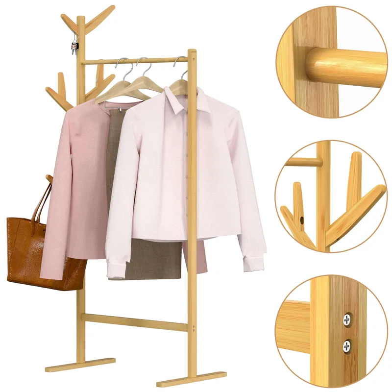 Casaria® Kleiderständer Garderobenständer Bambus mit Keiderstange und 8 Haken, Braun, – Produktbild 1 von 2