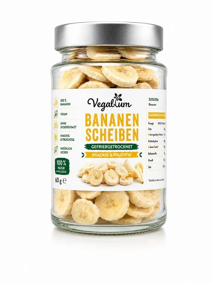 Vegablum Trockenfrüchte Bananenscheiben gefriergetrocknet, 100 % Frucht im Glas, 1 x 60,00 g, 100 % Frucht, gefriergetrocknet – Produktbild 1 von 2