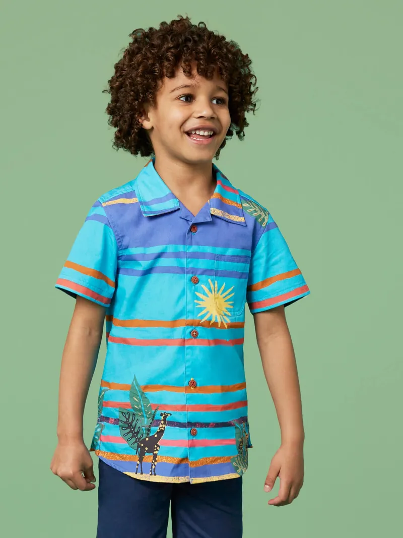 White Stuff Gestreiftes Kurzarmhemd mit Giraffenmotiv - 9-10, Blau, – Produktbild 2 von 4