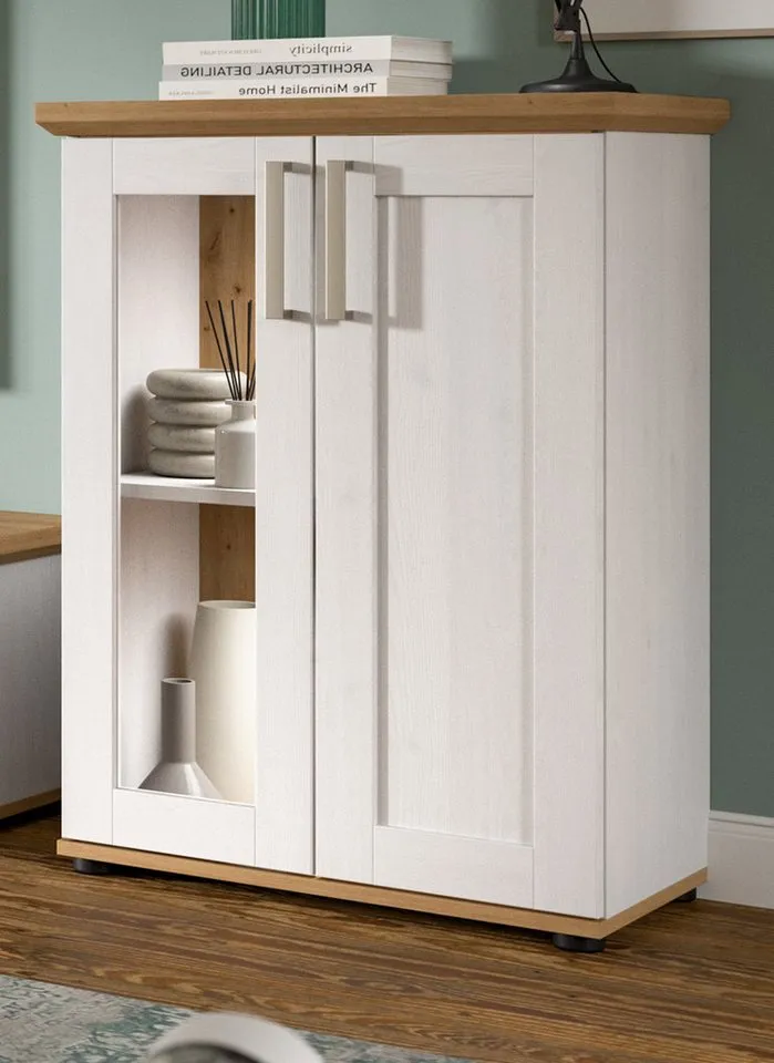 Inn.Furn Standvitrine Mirano (Kommode in weiß Lärche mit Eiche Artisan, 64 x 88 cm) stehend oder Wandmontage, Weiß, – Produktbild 2 von 5