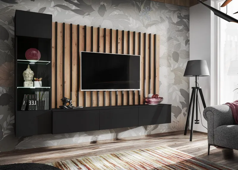 Furn.Design Wohnwand Pearl, (Mediawand in schwarz mit Artisan Eiche, 3-teilig, 220 x 190 cm), Push-To-Open, inkl. LED Beleuchtung, Schwarz, – Produktbild 2 von 5