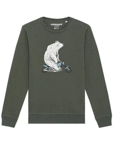 watapparel watapparel Sweatshirt Unisex Bär auf Bike, Khaki, – Produktbild 1 von 4