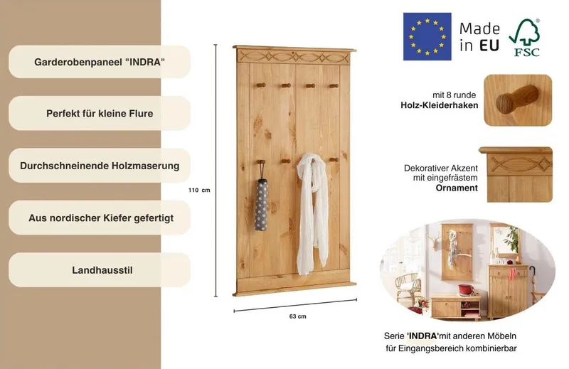 OTTO home Garderobenpaneel Indra Wandgarderobe mit 8 Haken und dekorativer Fräsung (B/T/H: 63/6/100 cm), aus massiver Kiefer, 8 Haken mit einer natürliche Maserung, Beige, – Produktbild 4 von 5