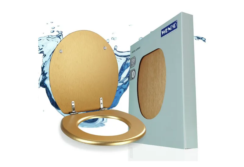 Wenko Wenko WC-Sitz Modell Aldeno, aus MDF mit Edelstahl-Befestigung, spülkastengeeignet, Goldfarben, – Produktbild 1 von 5