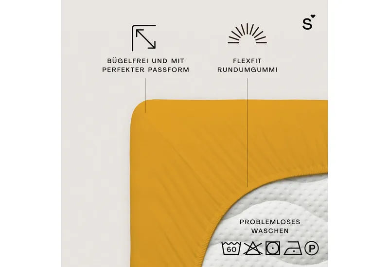 Schlafgut Schlafgut Spannbettlaken Basic Cotton Bettlaken, 160 g/m², 100% Baumwolle, Spannbetttuch, Jersey, Gummizug: rundum, (1 Stück), Spannbettlaken bis 20 cm Matratzenhöhe, bügelfrei und pflegeleicht, Gelb, – Produktbild 3 von 5
