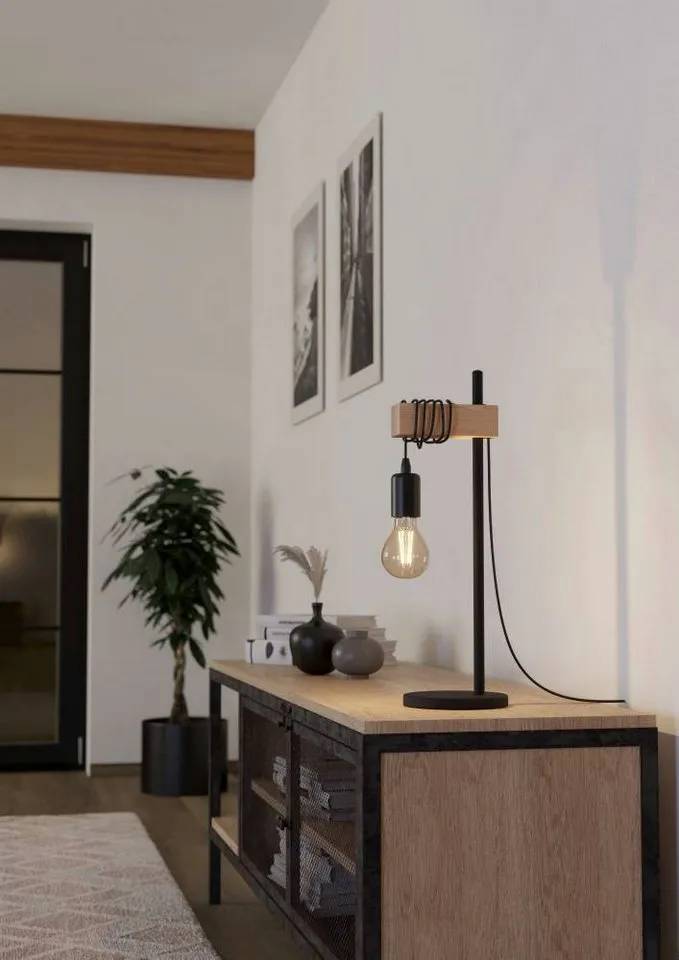 EGLO EGLO Tischleuchte TOWNSHEND Tischlampe, Holz, Stahl, Retro, Industrial, Wickeloptik, ohne Leuchtmittel, Wohnzimmer, Nachttischlampe, 1-flammig, schwarz, braun, 50x15,5x17,5cm, Braun|schwarz, – Produktbild 2 von 4