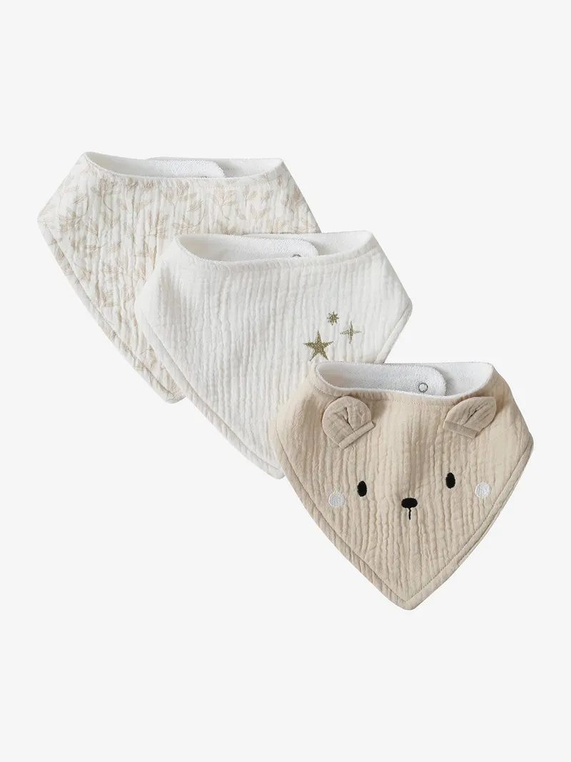 Vertbaudet 3er-Pack Baby Lätzchen, Beige bedruckt/hygge, – Produktbild 1 von 3