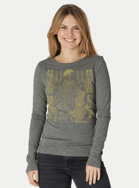 Peaces.bio - handbedruckte Biomode Peaces.bio - handbedruckte Biomode Langarmshirt Damen Sonnenscheibe Aton, Dunkelgrau, – Produktbild 2 von 3