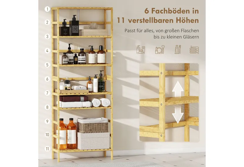 HOMCOM HOMCOM Standregal Badregal Bambus Küchenregal, für Bad, Wohnzimmer, 60 x 26 x 161 cm, 6-stöckiges Bücherregal 1-tlg., höhenverstellbare Regalböden, Beige, – Produktbild 4 von 5