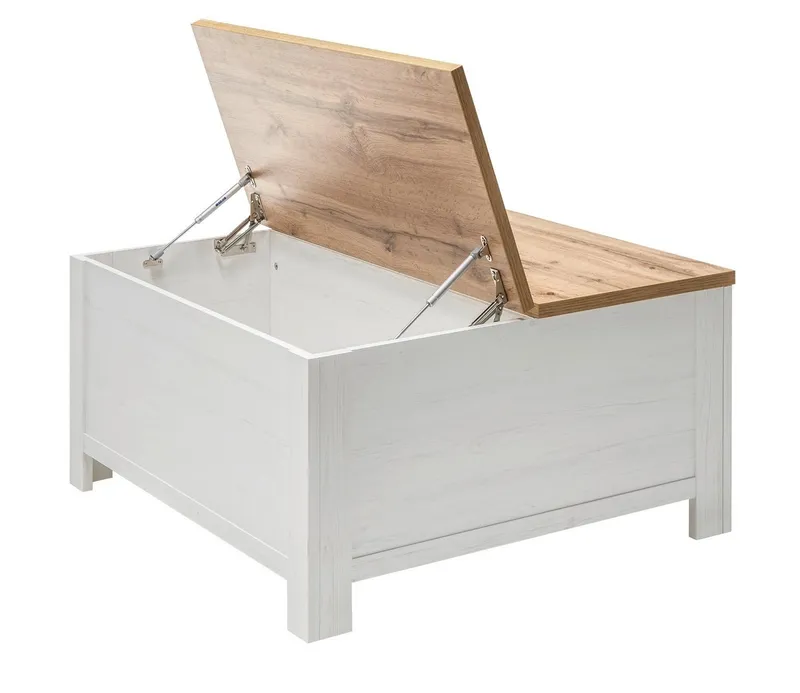 Furn.Design Couchtisch Hemsby (in Pinie weiß mit Wotan Eiche, quadratisch, 95 x 95 cm), mit Truhenfach, Landhausstil, Beige, – Produktbild 1 von 5