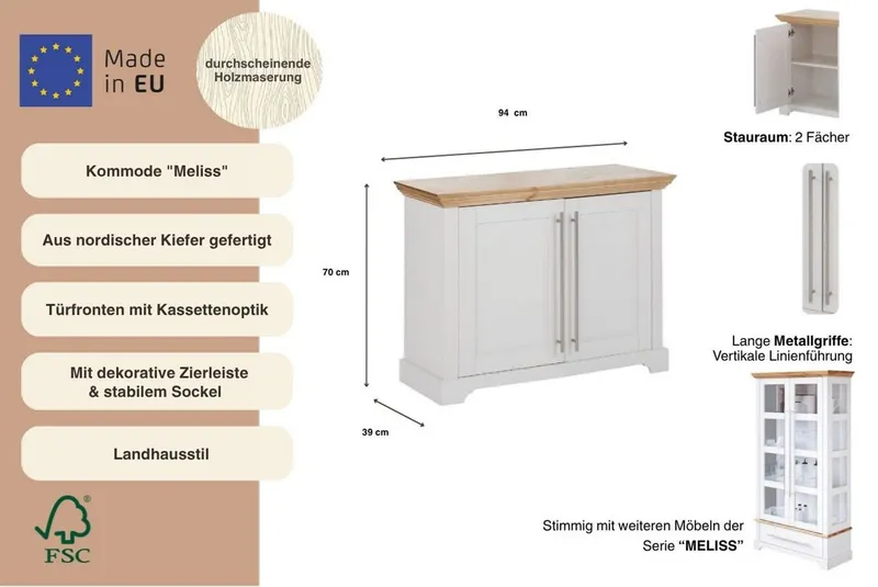 OTTO home Sideboard Melissa, Kommode im klassischen Landhausstil, Massivholz, FSC®, Breite 94 cm, Weiß, – Produktbild 3 von 4