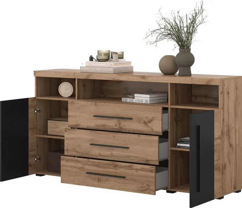 OTTO home Sideboard Roger,Breite 182cm, stilvolle Schrank, 2 Holztüren 3 Schubladen, Kommode mit viel Stauraum, Einlegeböden verstellbar, Beige|schwarz, – Produktbild 5 von 5
